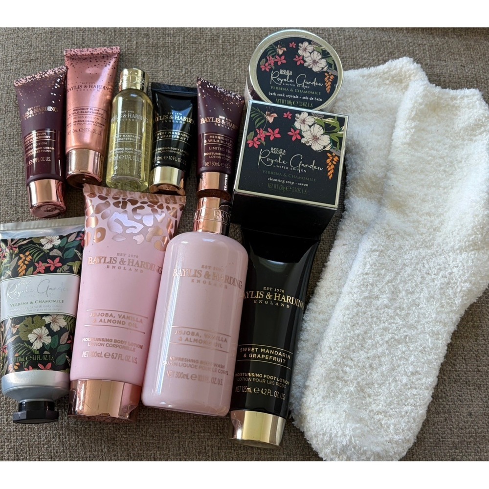 Baylis & Harding 12 Pc Lot! Cream Moisturizer Lotion Shower Gel Socks Bath Soap